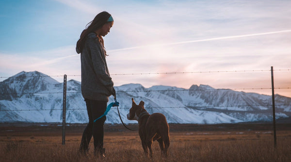 Frau geht mit angeleintem Hund vor einem Bergpanorama